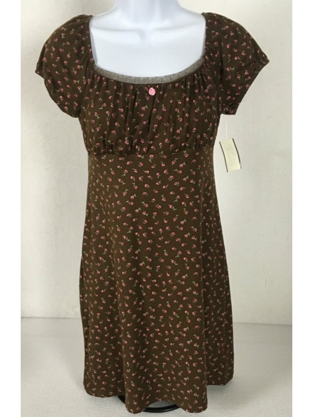 No Boundaries Dress Size XXS 00 Brown w Pink Tiny Flowers Square Neck New w Tags